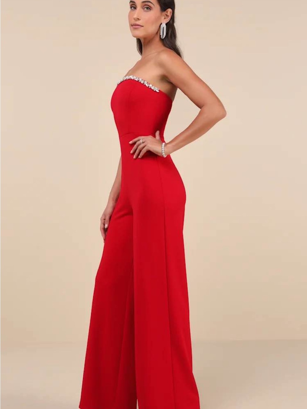 Lulu's Red Strapless Wide-Leg Jumpsuit with Beaded Trim
